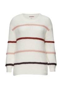 Weißer Pullover mit horizontalen Streifen in Rosa, Rot und Dunkellila. Mit langen Ärmeln und rundem Ausschnitt, aus einem strukturierten Stoff gefertigt.