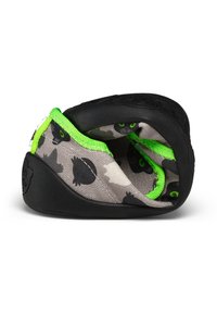 Climbing shoe with a black rubber sole, grey fabric featuring black bird graphics, and bright green accents around the collar and lining.
