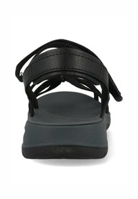 Svarta sandaler med justerbara remmar, grå vadderad sula, platt design, texturerad fotbädd och minimala hårdvarudetaljer.
