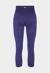 Granatowe legginsy capri z wysokim stanem. Gładka tekstura, wzmocnione szwy i boczne kieszenie do przechowywania. Logo HKM na pasie.