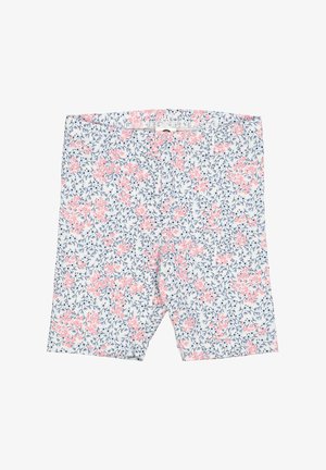 Szorty w kwiatowy wzór na białym tle. Oferują różowe kwiaty i niebieskie liście. Wykonane z lekkiego materiału, w długości do kolan.