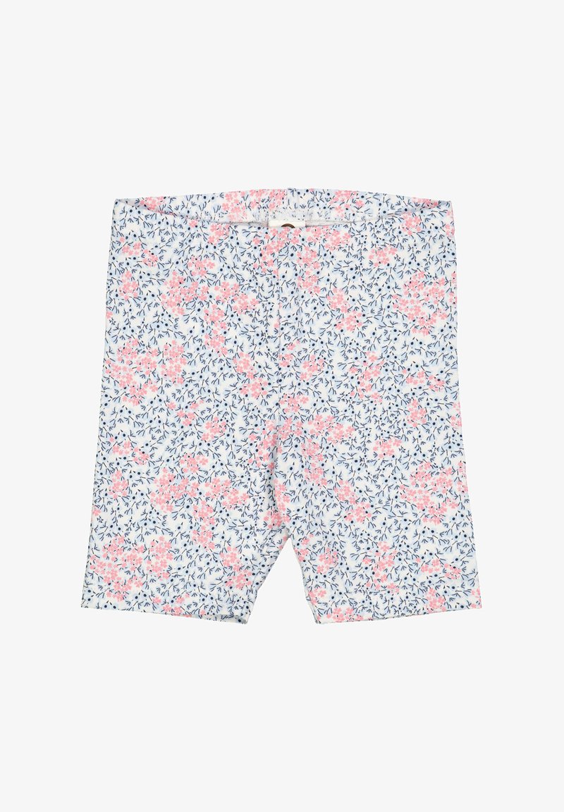 Květinové šortky s bílým pozadím. Obsahují růžové květy a modré listy. Vyrobeny z lehkého materiálu, délka ke kolenům.