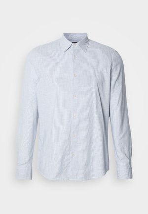 Γαλάζιο πουκάμισο με μακριά μανίκια και κουμπιά, κατασκευασμένο από υφασμένο ύφασμα με υφή. Διαθέτει γιακά και πέντε κουμπιά μπροστά.