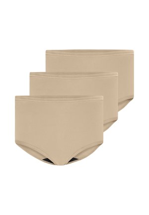 Trois culottes taille haute de style slip beiges empilées, avec des coutures visibles et un tissu lisse sur fond blanc.