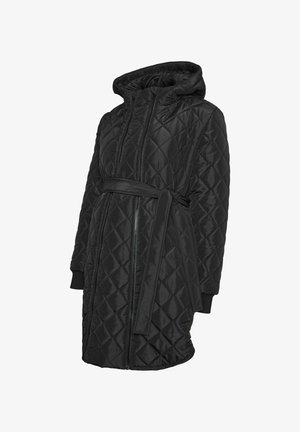 Schwarzer steppgefüllter Kapuzenmantel mit einem Taillengurt, ausgestattet mit einer glatten Textur, Rauten-Muster und elastischen Bündchen. Mit Reißverschluss vorne.