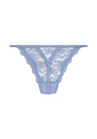 Lichtblauwe kanten stringonderbroek met golfrandjes en een bloemenpatroon, met een doorzichtige voorkant en een solide achterkant.