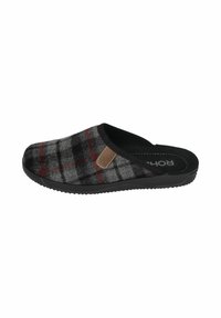 Black and gray felt slipper with a red plaid pattern, rounded toe, slip-on design, and a tan leather accent on the side. Rubber sole.