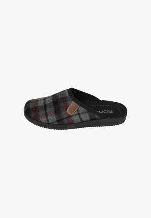 Black and gray felt slipper with a red plaid pattern, rounded toe, slip-on design, and a tan leather accent on the side. Rubber sole.