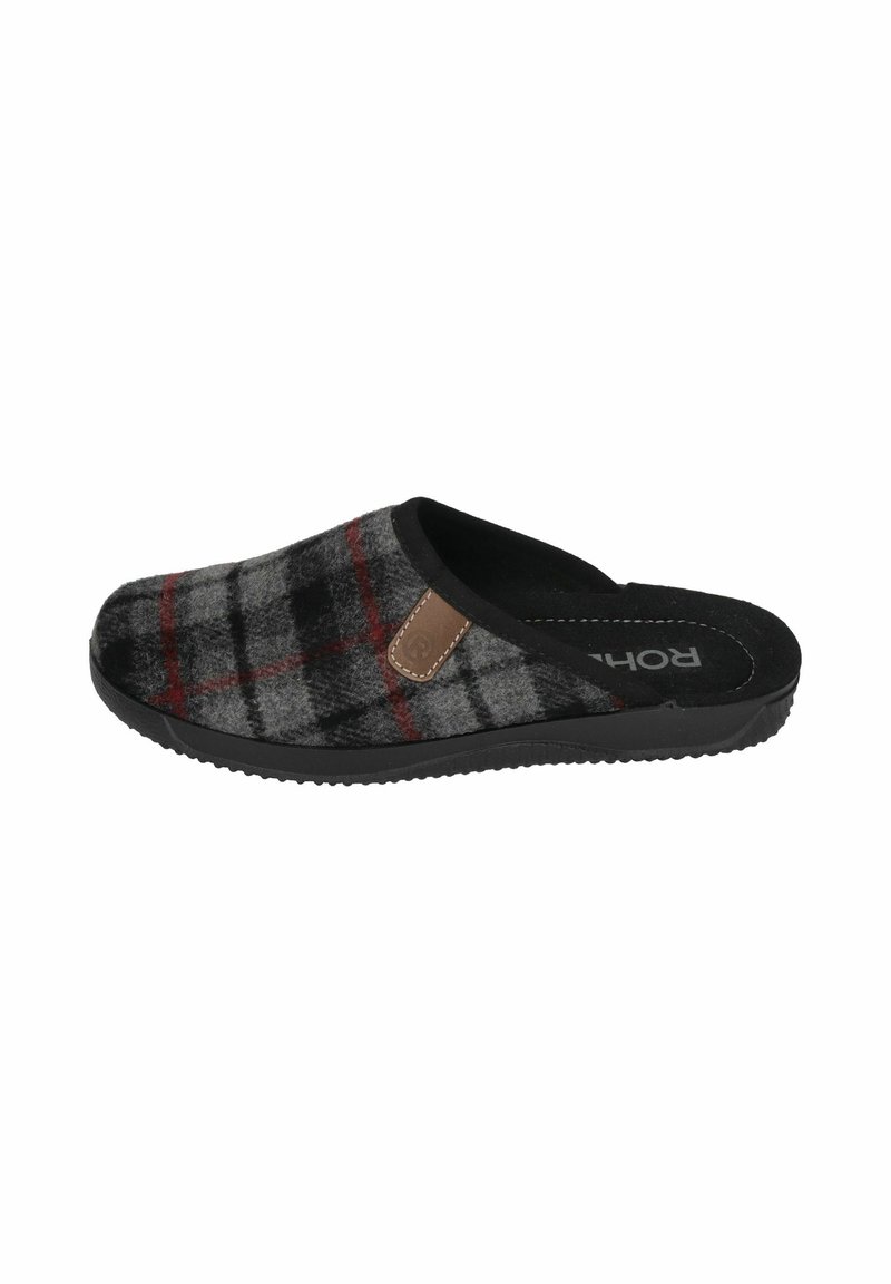 Black and gray felt slipper with a red plaid pattern, rounded toe, slip-on design, and a tan leather accent on the side. Rubber sole.