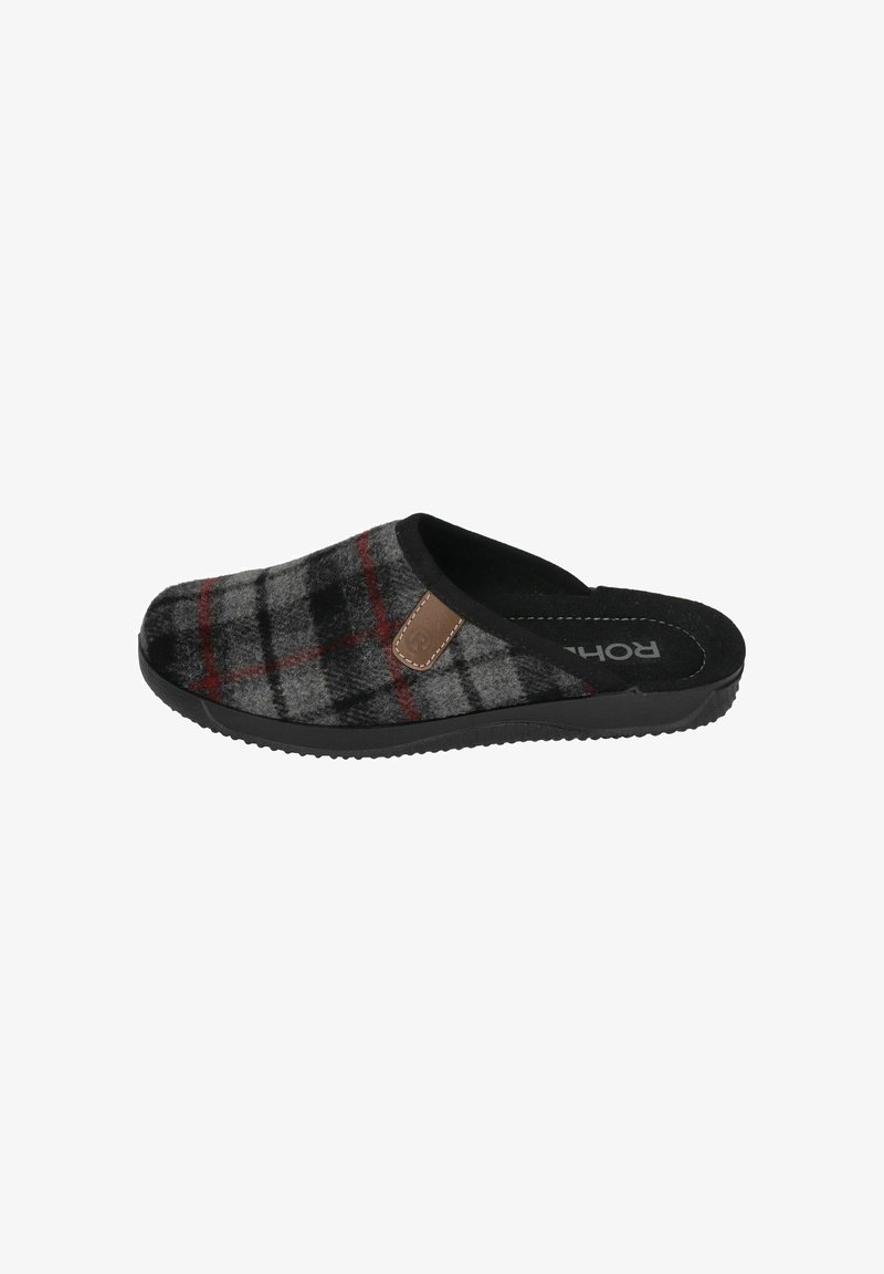 Black and gray felt slipper with a red plaid pattern, rounded toe, slip-on design, and a tan leather accent on the side. Rubber sole.