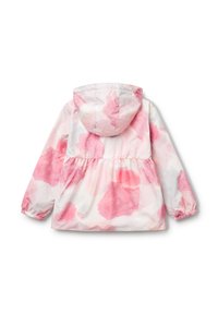 Giacca leggera con cappuccio, in un motivo floreale rosa e con vita arricciata. Presenta polsini elastici e una texture di tessuto liscia e lucida.