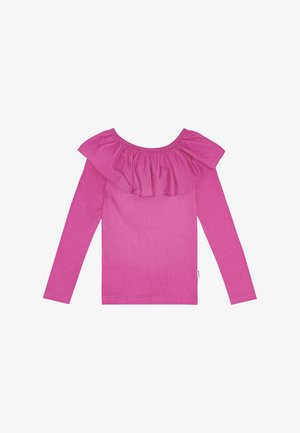 Garā piedurknēm kreklā spilgti rozā krāsā ar ruffles ap kaklu un pieguļošu dizainu. Mīksta tekstūra ar gludu apdari.