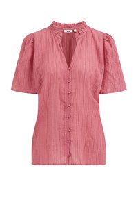 Rosa kortärmad blus med vertikal textur, v-ringning, volangkrage och fem knäppningar fram. Lätt skimrande detalj över hela plagget.