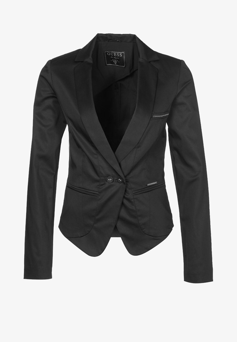 Blazer féminin noir cintré avec manches longues, deux boutons avant, deux poches basses, et un petit détail de poche poitrine.