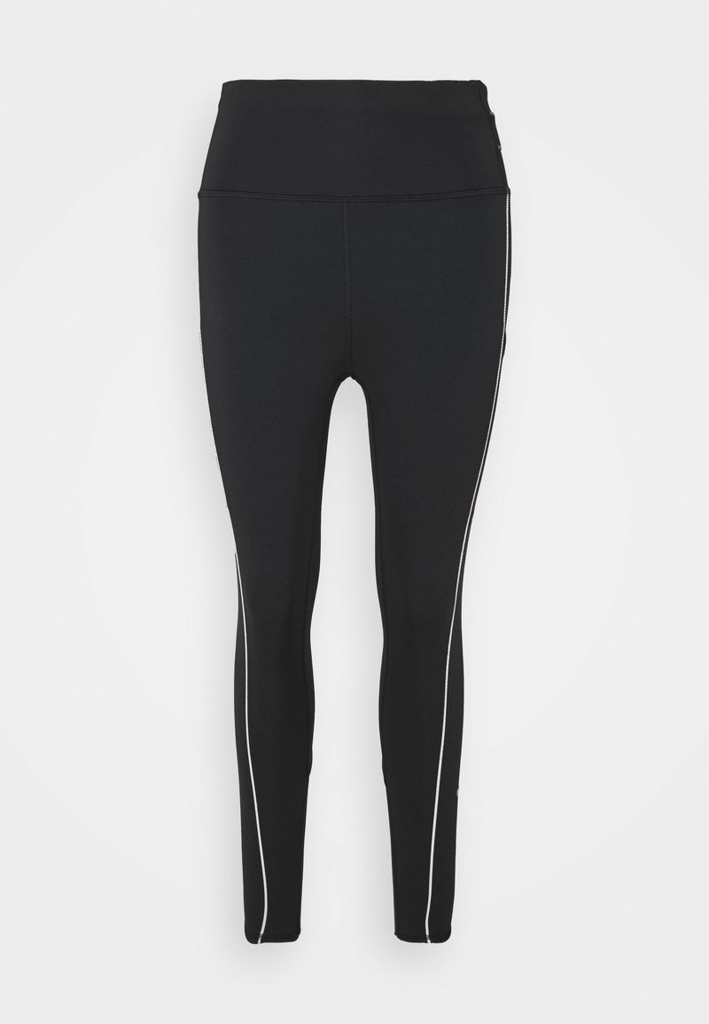 Svarta leggings med hög midja, tillverkade av stretchmaterial, med vita sidostreck och en slät textur. Ingen synlig hårdvara.