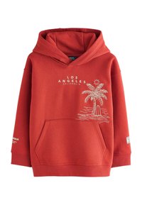 Red hoodie with a front pocket, featuring a palm tree and surfboard graphic. “Los Angeles” text in white; soft fabric, ribbed cuffs.