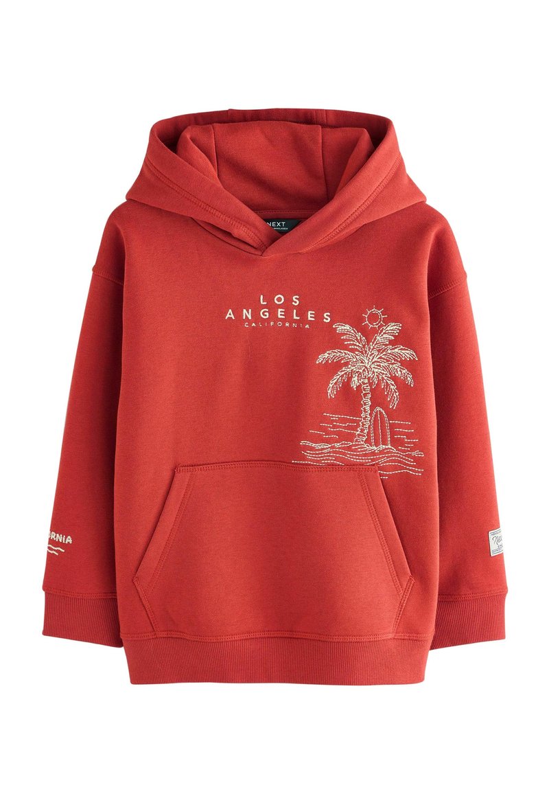 Red hoodie with a front pocket, featuring a palm tree and surfboard graphic. “Los Angeles” text in white; soft fabric, ribbed cuffs.