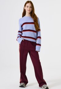 Lichtblauwe geribde trui met rode en kastanjebruine strepen, gecombineerd met kastanjebruine rechte broek met zijstrepen. Casual grijze sneakers.