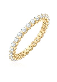 Zlat prstan z okroglimi, prozornimi dragimi kamni, enakomerno vstavljenimi okoli obroča; ima valovit dizajn z majhnimi izrezanimi poudarki.