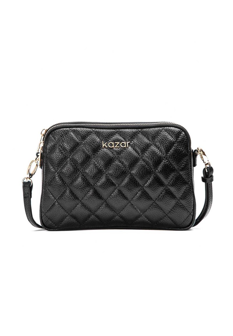 Quilted black leather bag with a rectangular shape, featuring a zip closure, gold logo, and an adjustable strap for carrying.