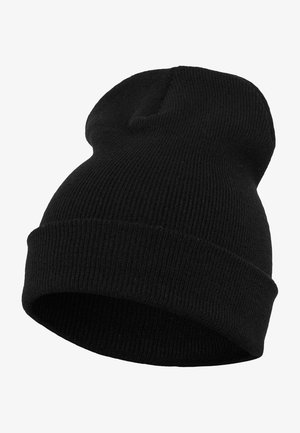 Căciulă neagră din tricot cu textură ribbed, are un manșon pliat și un design ușor slăbit în vârf. Fabricată dintr-un material moale și elastic.