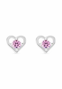 Silver hjärtformade örhängen med en rosa ädelsten i mitten, med en öppen design och slät yta.