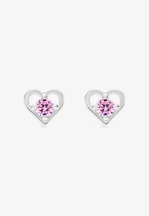 Boucles d'oreilles en argent en forme de cœur avec une pierre précieuse rose au centre, à design ouvert et texture lisse.