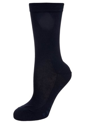 Navy-blaue Baumwollsocken mit einem gerippten Bündchen, glatter Textur sowie verstärkter Zehen- und Fersenpartie. Mit dezentem Branding entlang der Sohle.