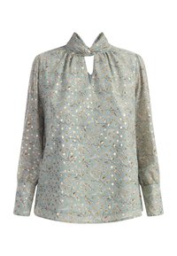 Blusa floreale azzurro chiaro con scollatura a chiave, maniche lunghe e una texture morbida. Presenta motivi floreali intricati in colori pastello.