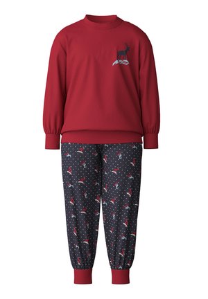 Rode sweatshirt met geribbelde mouwen met een zwarte silhouet van een hert op een berg. Bijpassende donkergekleurde broek met patronen van rendieren en harten.