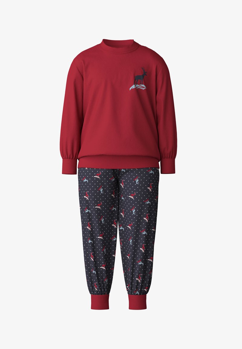 Rode sweatshirt met geribbelde mouwen met een zwarte silhouet van een hert op een berg. Bijpassende donkergekleurde broek met patronen van rendieren en harten.