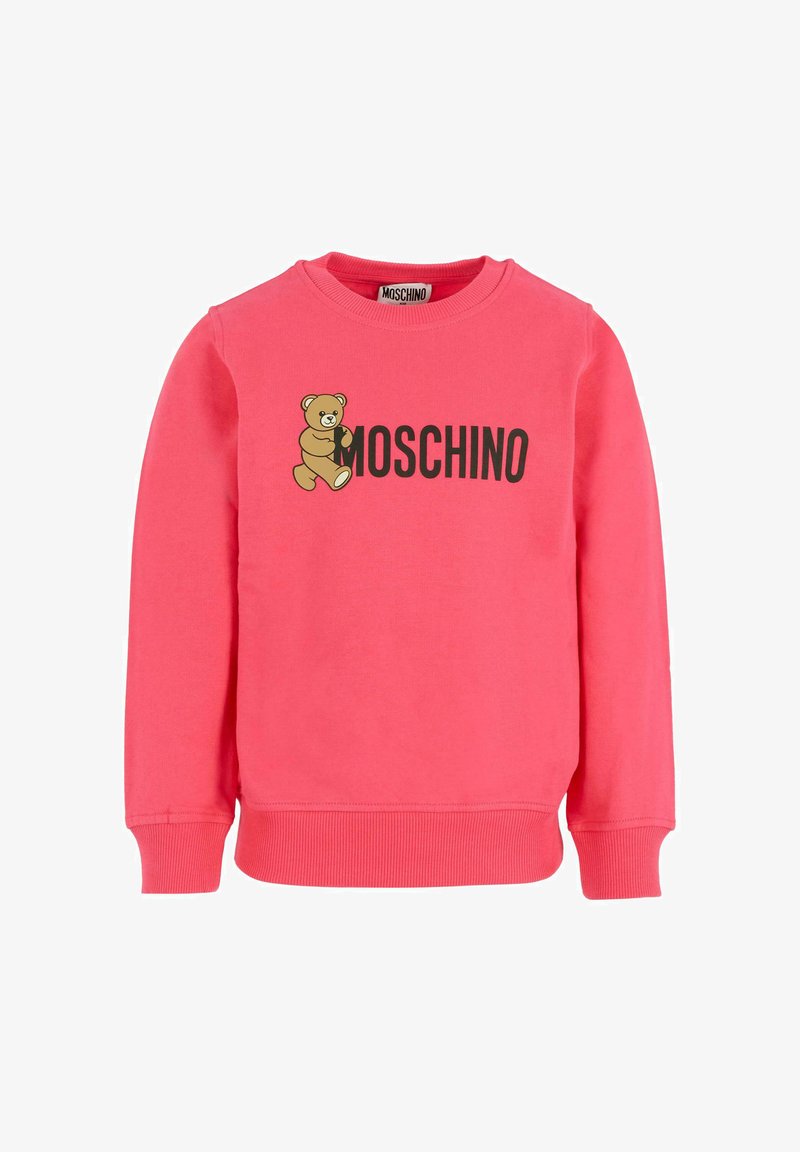 Felpa rosa con grafica di un orso e logo "MOSCHINO" in nero. Progettata con scollo rotondo e polsini a coste. Tessuto morbido.