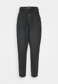 Jeans negros de cintura alta en un denim suave y ligeramente texturizado. Presentan un corte recto, diseño de cinco bolsillos y sutiles detalles deslavados.