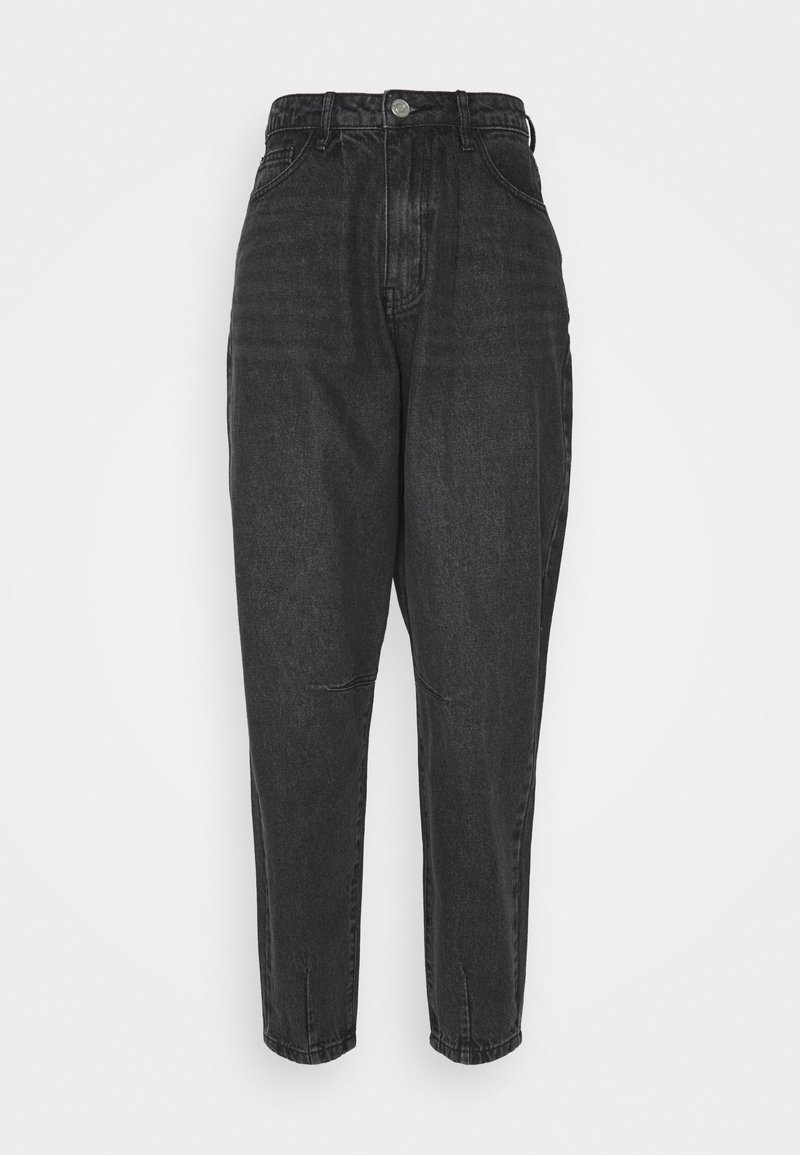 Jeans negros de cintura alta en un denim suave y ligeramente texturizado. Presentan un corte recto, diseño de cinco bolsillos y sutiles detalles deslavados.