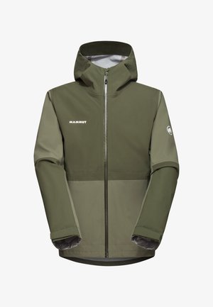 Veste verte imperméable avec une fermeture éclair à l'avant, capuche ajustable et poignets élastiques. Présente un logo sur la poitrine et un design bicolore.