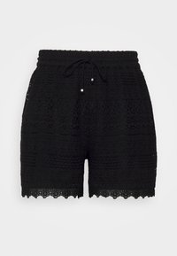 Shorts de ganchillo negros con una cinturilla elástica y cordón de ajuste, y herrajes plateados. Dobladillo con forma de ondas y patrones intrincados a lo largo.