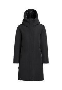 Must tumed mantel kõrge kraega ja kapuutsiga, esipaneelil on tõmblukk, mille katab klapp, ning tõmblukuga küljetaskud.