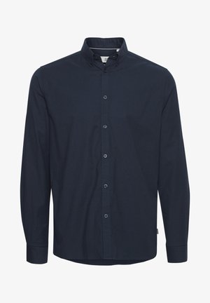 Navy blue long-sleeve shirt made of cotton. Features a button-down collar, front buttons, and standard cuffs. Smooth texture without patterns.