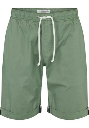 Pantalones cortos de algodón verde con cintura elástica, cierre de cordón y dobladillos enrollados. Presenta un bolsillo frontal y acentos en colores contrastantes.