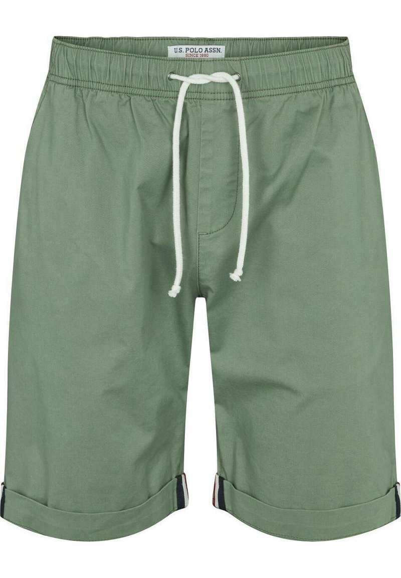 Zelené bavlněné šortky s elastickým pasem, šňůrkovým zavíráním a ohrnutými lemy. Obsahují přední kapsu a barevně kontrastní detaily.
