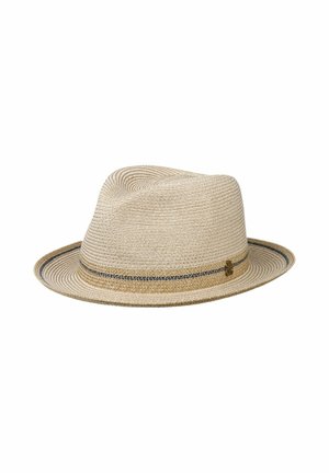 Light beige woven fedora hat with a narrow brim and a decorative dark and tan band around the base.