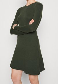 Abito a maniche lunghe, lungo fino al ginocchio, di colore verde scuro, realizzato in un morbido materiale a maglia; presenta una scollatura rotonda e una gonna leggermente svasata.