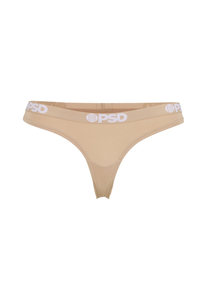 Beige stringtrosa med mjuk textur och bred vit midjeresår med "PSD"-logotypen. Enkel design, låg midja.