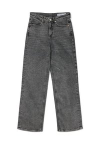 Jean en denim noir délavé taille haute, coupe droite, avec poches avant et arrière, passants de ceinture, fermeture par bouton et zip.