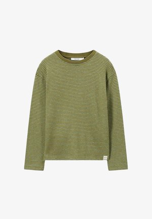 Long-sleeve, olive green knit sweater with thin white horizontal stripes and a round neckline.