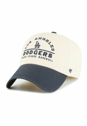 White and navy baseball cap with "Los Angeles Dodgers Major League Baseball" text and LA logo embroidered on front.