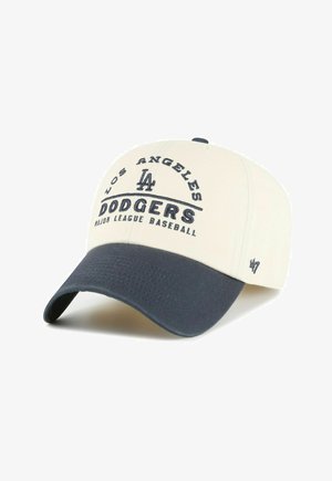 White and navy baseball cap with "Los Angeles Dodgers Major League Baseball" text and LA logo embroidered on front.