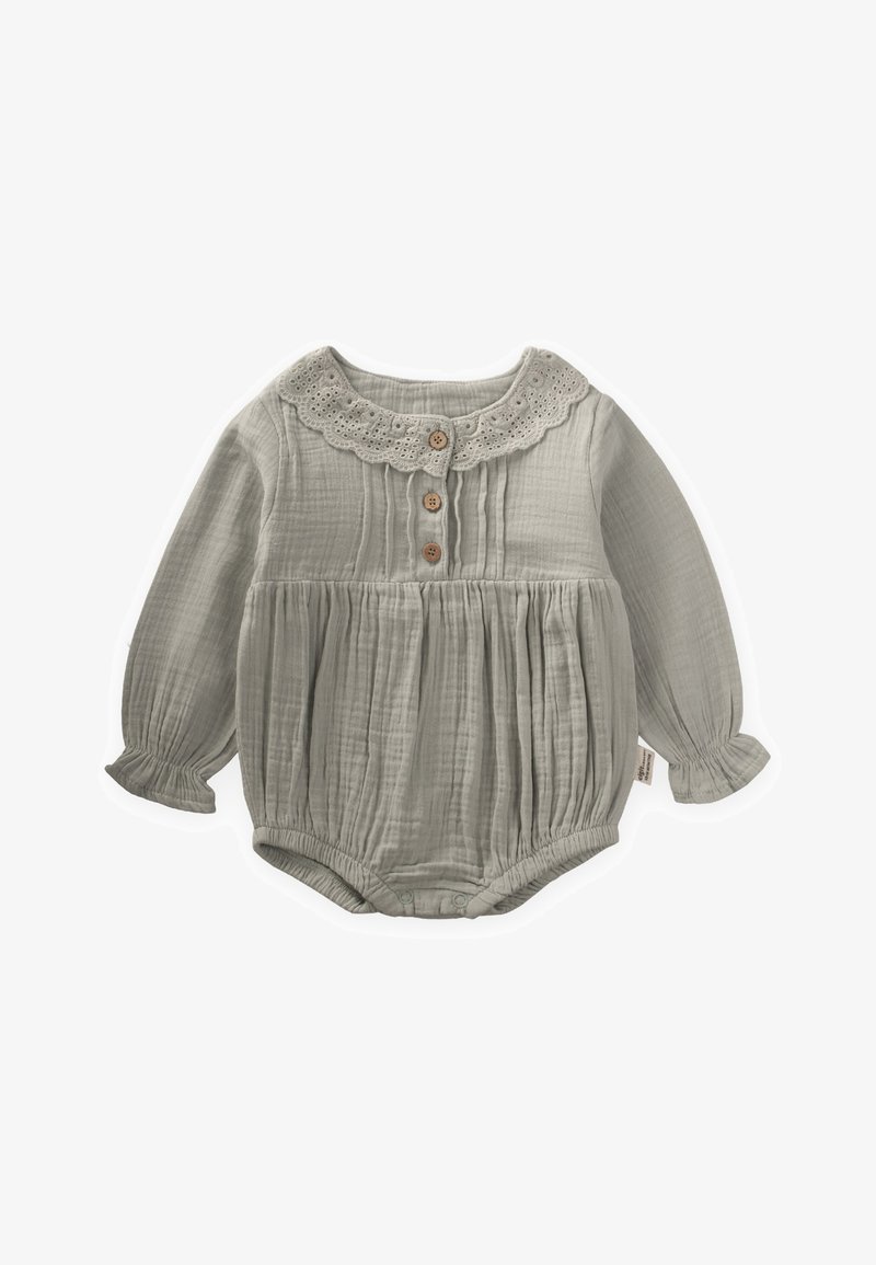 Hall halli musliinist beebiriietus pika varrukaga, sakilise pitskraega ja puidust nuppudega. Omadusteks on kogutud rinnaosa ja elastsed mansetid.