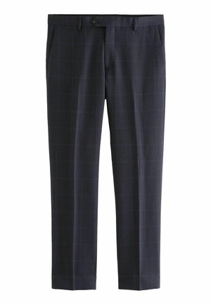 Marineblaue karierte Hose mit feinem Rautenmuster, aus strukturiertem Stoff. Mit Knopfverschluss und Seitentaschen. Schmaler Schnitt.