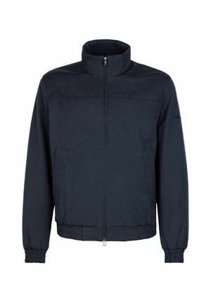 Marineblaue Reißverschlussjacke mit hohem Kragen, elastischen Bündchen und zwei Vorderentaschen, vor weißem Hintergrund präsentiert.